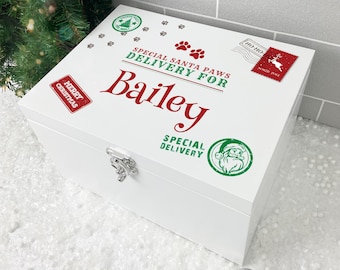 Personalised White Wooden Santa Paws Pet Christmas Eve Box 3 Sizes | Pet Xmas Box | Christmas Eve Box for Pets | Pet Christmas Treat Box