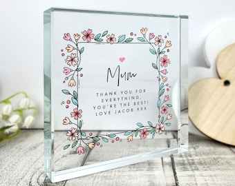Personalised Any Message Flower Design Solid Glass Ornament | Crystal Token Keepsake Gift 9 x9 x 2cm | Photo Acrylic Block 10 x 10 x 1cm