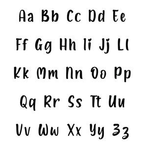 May include: Black and white alphabet letters in a handwritten font. The letters are arranged in rows, starting with Aa and ending with 33.