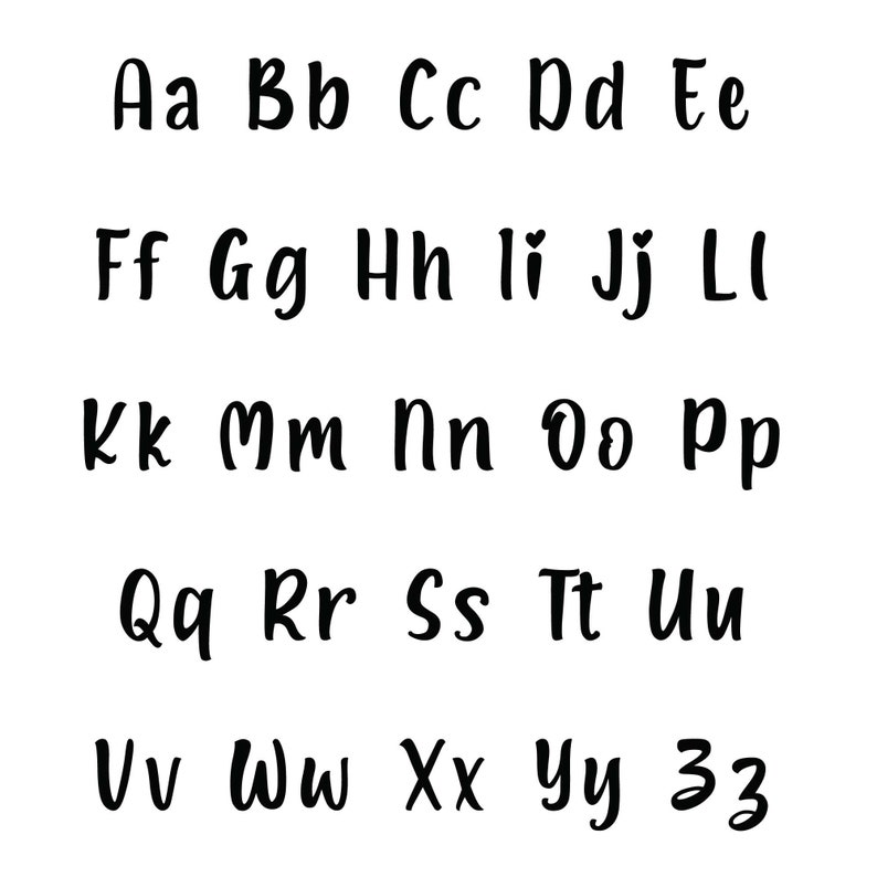 May include: Black and white alphabet letters in a handwritten font. The letters are arranged in rows, starting with Aa and ending with 33.