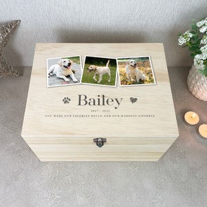 Caja de recuerdo conmemorativa para mascotas con tres fotografías personalizadas, 5 tamaños, regalo de duelo por una mascota, caja de recuerdo para mascotas, monumento para mascotas, caja de madera para recuerdos de mascotas