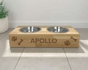 Personalised Wooden Raised Double Dog Bowl | Engraved Pet Food Station