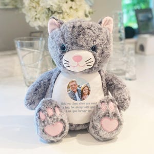 Personalised Photo Comfort Cat Teddy, Plush Memory Keepsake 30cm, Remembrance, Birthday Anniversary Christening Gift, Custom Photo Present