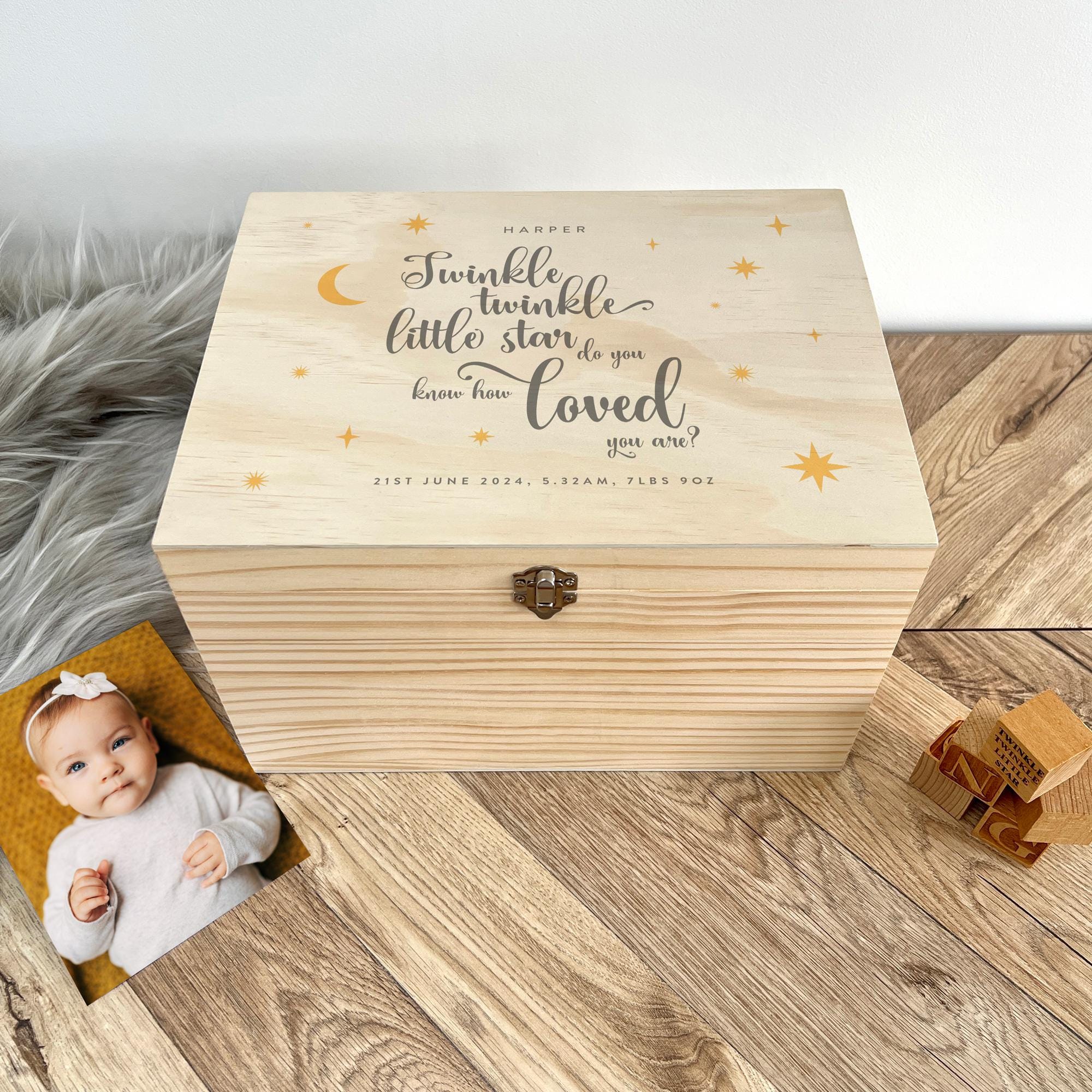 Personalised Twinkle Twinkle Keepsake Box | Newborn Baby Gift, Pine ...