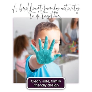 May include: A young child with a blue shirt holds up a hand covered in blue paint. The image includes the text "A brilliant family activity to do together" and "Clean, safe, family-friendly design."