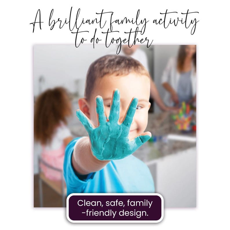 May include: A young child with a blue shirt holds up a hand covered in blue paint. The image includes the text "A brilliant family activity to do together" and "Clean, safe, family-friendly design."