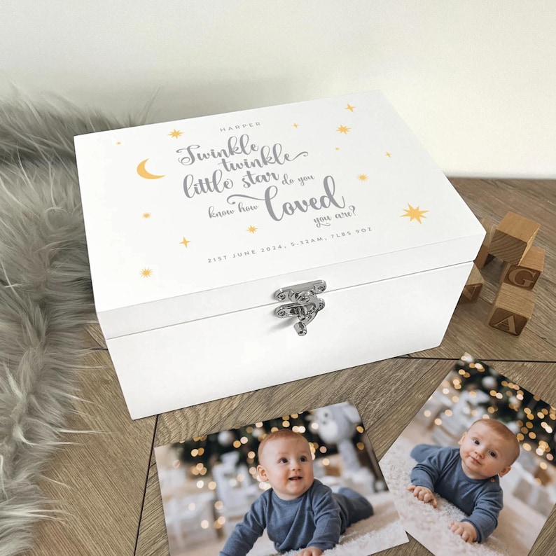 Personalised Twinkle Twinkle New Baby White Wooden Memory Box ...