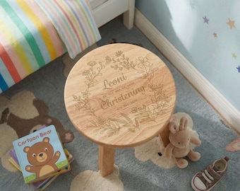 Personalised Toddler Wooden Step Milking Stool Christening, Baptism, Naming Day Gift Flower Pattern