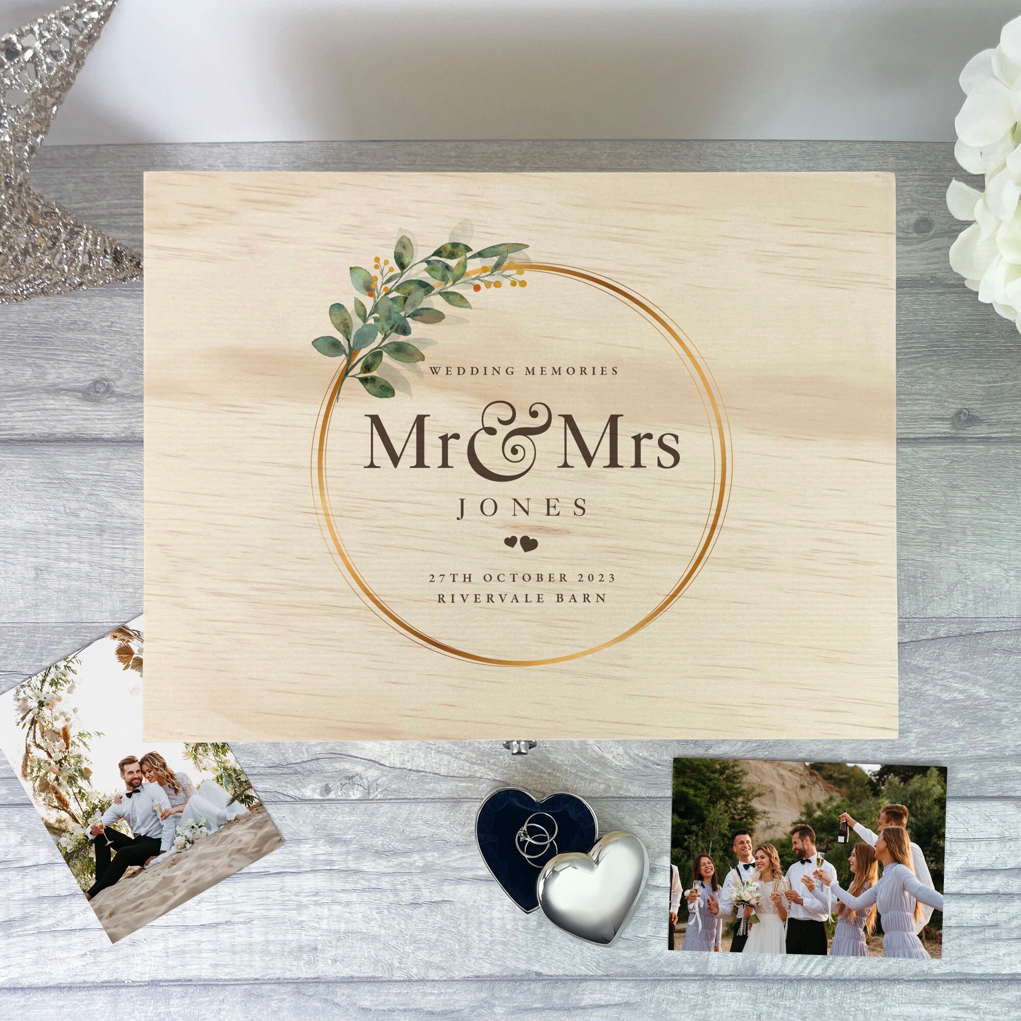 Personalised Wooden Wedding Keepsake Box – Wreath Design- Wedding Card ...