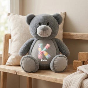May include: A plush gray teddy bear with a light gray muzzle and a smooth circular patch on its chest. The patch features a large, multicolored, quilted-style letter K with a polka dot and plaid pattern, and the name Katie printed below it.