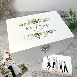 Personalised Luxury White Wooden Botanical Wedding Keepsake Memory Box - 3 Sizes (22cm | 27cm | 30cm)