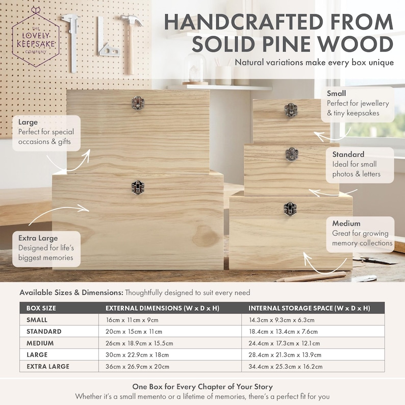May include: Five rectangular storage boxes crafted from light-colored solid pine wood, each featuring a metal latch. The image includes text labels for sizes ranging from small to extra large and a table detailing external and internal dimensions.