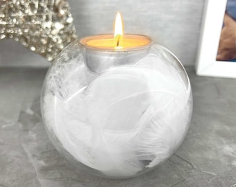 Feather Filled Glass Tea Light Holder | Memorial Remembrance Gift