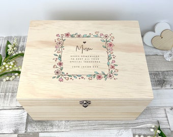 Personalised Any Message Pretty Flower Pine Memory Box - 4 Sizes (20cm|26cm|30cm|36cm) Memorial Keepsake | Mother's Day Gift | Birthday Gift