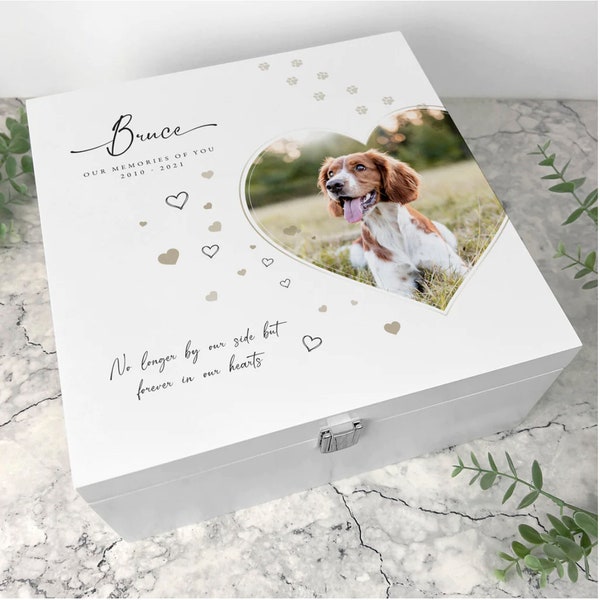 Boîte souvenir photo personnalisée carrée de luxe en bois blanc pour animal de compagnie, 24 cm ou 28 cm