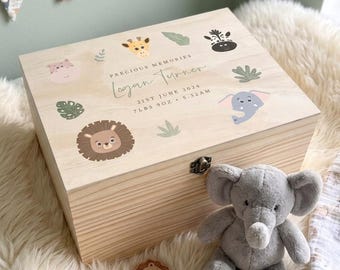 Personalised Jungle Animals Baby Keepsake Box | Pine Wood Memory Box