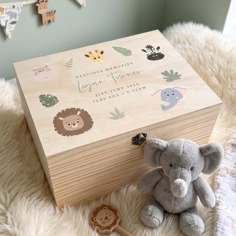 Personalised Jungle Animals Baby Keepsake Box | Pine Wood Memory Box - Etsy