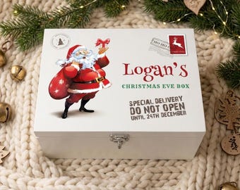 Personalised White Wooden Santa Christmas Eve Box 3 Sizes | Custom Xmas Box | Christmas Eve Box for Kids | Family Christmas Eve Box
