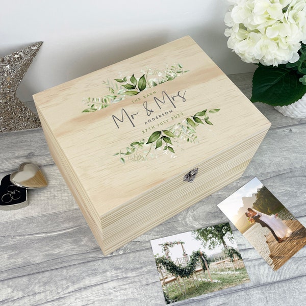 Boîte souvenir de mariage botanique en bois personnalisée - 5 tailles (16 cm | 20 cm | 26 cm | 30 cm | 36 cm)