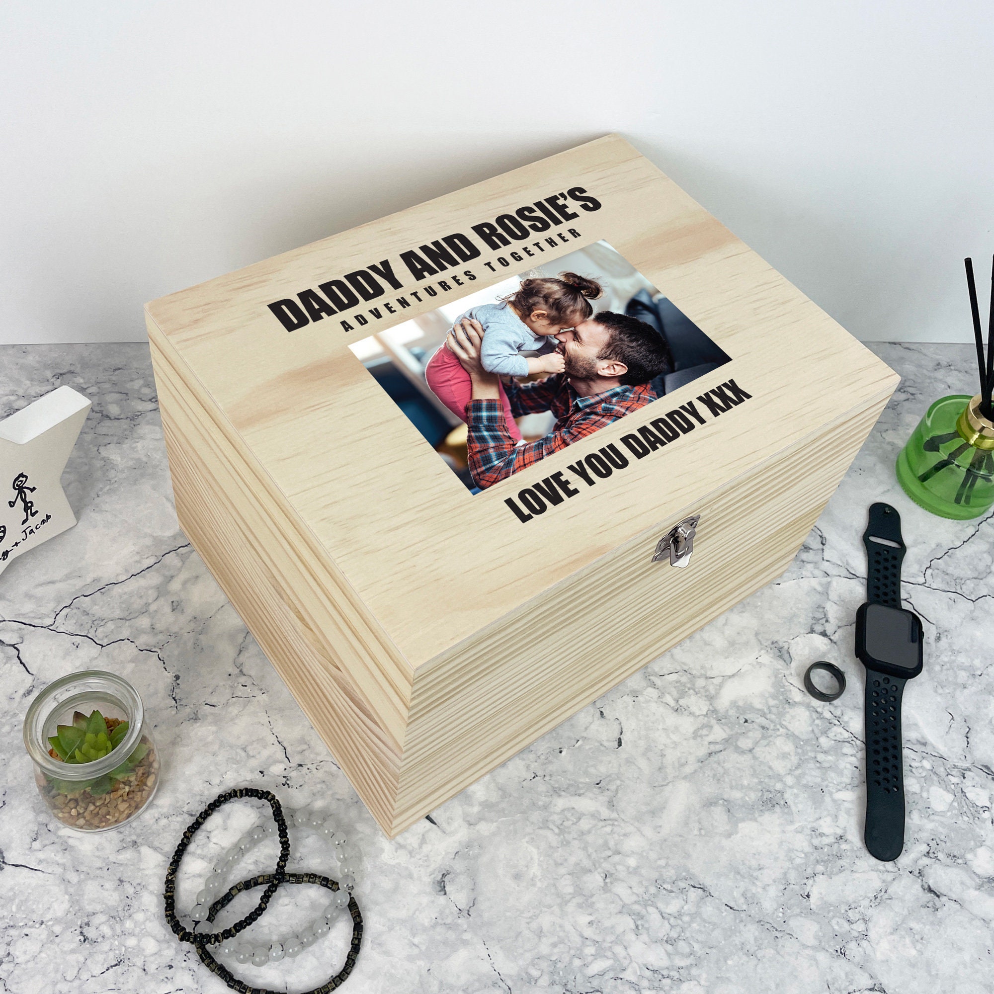 Personalised Photo Wooden Memory Box – Custom Text Keepsake, Father's ...
