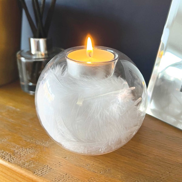 Feather Filled Glass Tea Light Holder | Sympathy Memorial Candle & Bereavement Keepsake | 10x10x9cm