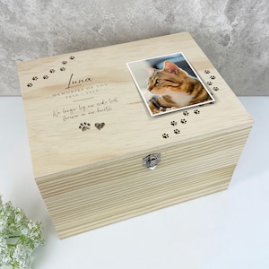 Personalised Paw Prints Pine Wooden Pet Memorial Photo Memory Box - 5 Sizes (16cm | 20cm | 26cm | 30cm | 36cm)