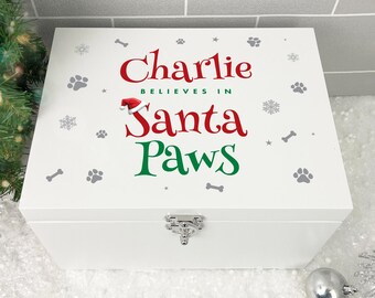 Personalised White Wooden Santa Paws Pet Christmas Eve Box | Custom Name Treat Box