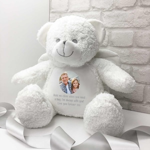 Personalisierter Foto-Teddybär mit weißen Engelsflügeln, 30 cm, Erinnerungsstück, Beileidsgeschenk, Trauergeschenk