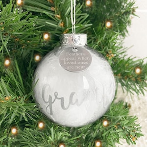 Personalised Feather Filled Glass Memorial Bauble - Engraved Charm | White Feather Bauble | Bereavement | Sympathy Gift | Christmas Memorial