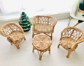 Vintage Wicker Doll Furniture 4-Piece Set Mini Couch Chairs Table Rattan Peacock Boho