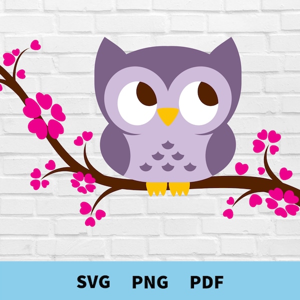 Cute Owl Svg, Owl on a Cherry Blossom Branch Svg, Baby Owl Svg, Cherry Blossom Svg, Owl Clipart, Owl Cut File for Cricut, Silhouette