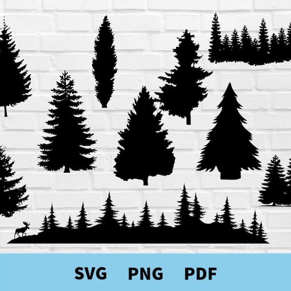 Arbre de pin svg, paquet d’arbre de Noël, nature, forêt svg, cerf svg, utilisation commerciale, silhouette d’arbre svg, fichier de coupe de pin, pin png