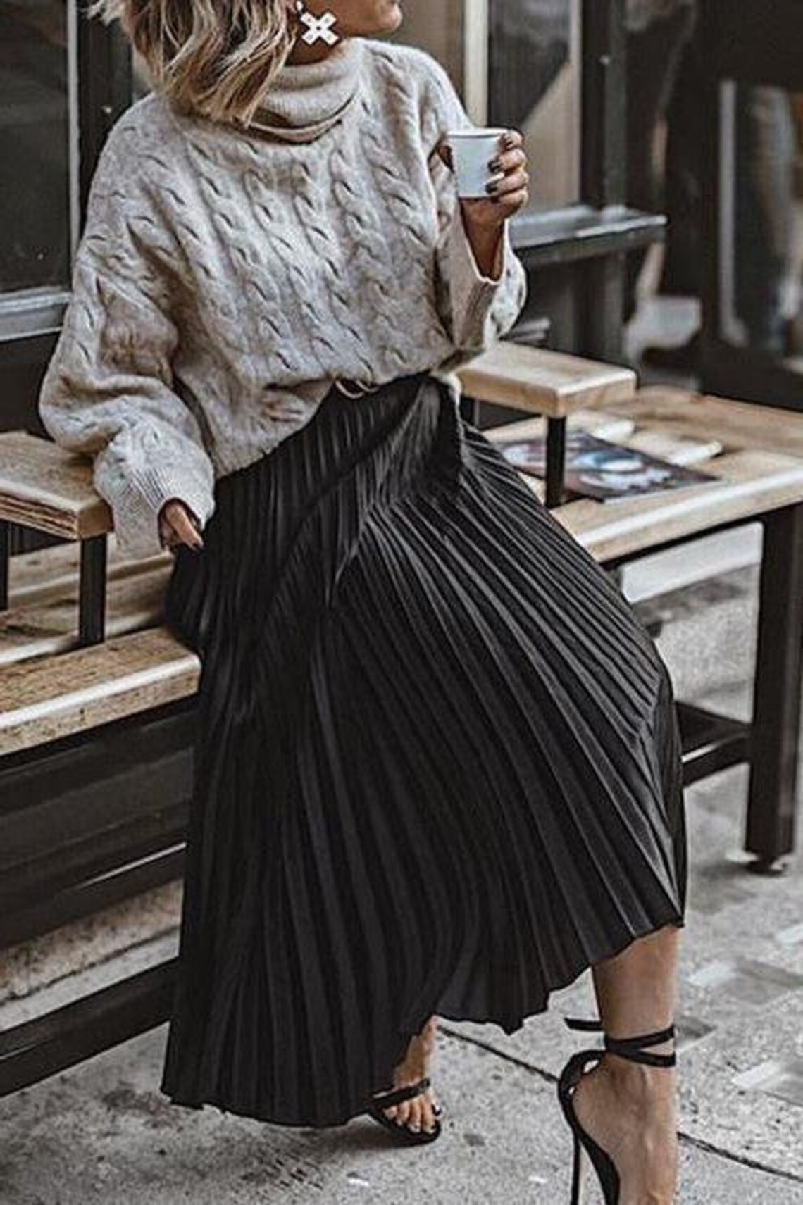 Black Pleated Midi Skirt with belt | Etsy