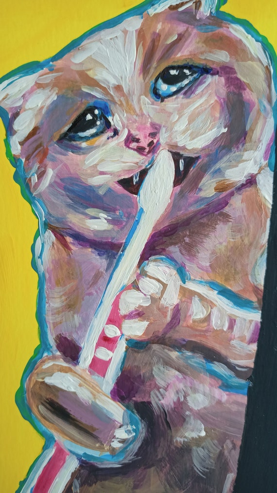 Crying Cat Brushing His Teeth Meme Painting Wall Art Original Etsy