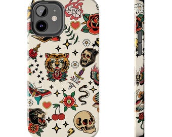 Traditional Tattoo Flash Phone Case | Vintage Skull, Tiger, Rose Pattern