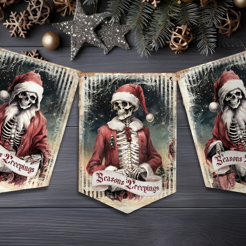 May include: A decorative banner featuring three pennants with illustrations of skeletons dressed in red Santa Claus suits and hats. Each skeleton holds a scroll with the text Seasons Creepings printed in a dark red, gothic-style font.