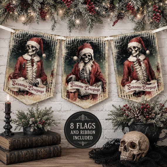 Gothic Christmas Bunting, Skeleton Christmas, Gothmas Decor, Seasons Creepings, Goth Christmas Decor