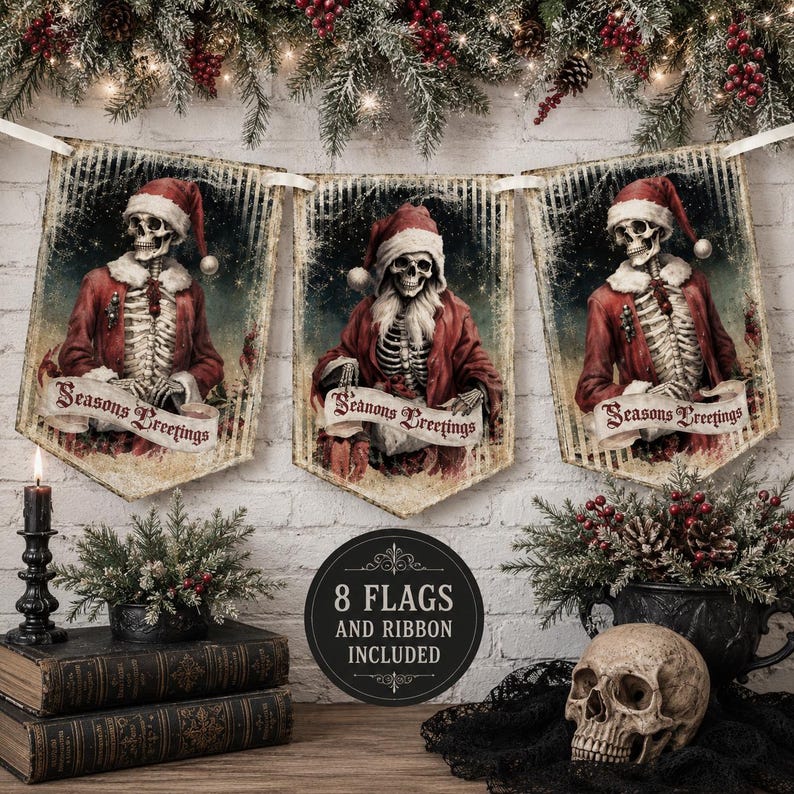 May include: A decorative banner featuring three pointed flags hanging from a ribbon. Each flag displays a skeleton dressed in a red Santa Claus suit and hat, with a banner across the bottom reading Seasons Greetings in a vintage script font.