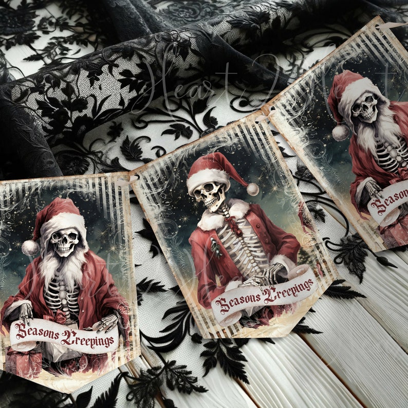 May include: A decorative banner featuring three pennants, each displaying a skeleton dressed as Santa Claus in a red coat and hat. The skeletons hold a banner with the text Seasons Creepings. The design includes dark, gothic-style accents.