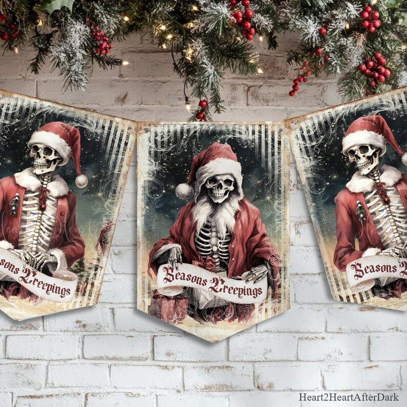 May include: A decorative banner featuring three pennants, each displaying a skeleton dressed in a red Santa Claus suit with a white fur trim. Each skeleton holds a banner with the text Seasons Creepings in a dark red, gothic-style font.