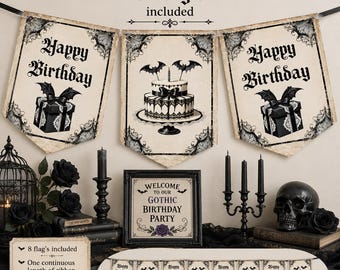 May include: A birthday banner set featuring eight off-white pennant flags with black gothic-style text reading Happy Birthday, illustrations of gift boxes with bat wings, and a tiered cake. Includes a sign reading Welcome to our Gothic Birthday Party.