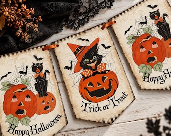 Vintage Halloween Bunting, Happy Halloween, Black Cat Halloween Decoration, Pumpkin Banner, Halloween Decor