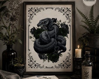 Estampado floral gótico de serpiente / Arte mural gótico / Estampado floral gótico / Estampado de serpiente