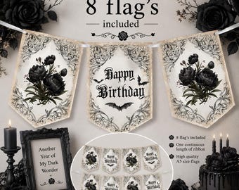 May include: A gothic-themed birthday banner set featuring 8 flags with vintage-style floral illustrations, bat motifs, and the text Happy Birthday. The flags are printed on off-white paper with ornate black borders and are strung on a white ribbon.