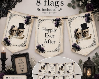 Skull Bride & Groom Happily Ever After Bunting | Halloween Wedding | Goth Wedding Decorations | Venue Decor