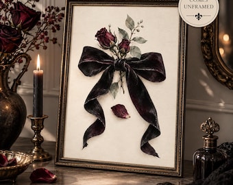 Black Velvet Bow Print, Gothic Floral Wall Art, Dark Romantic Decor, Burgundy Rose Art