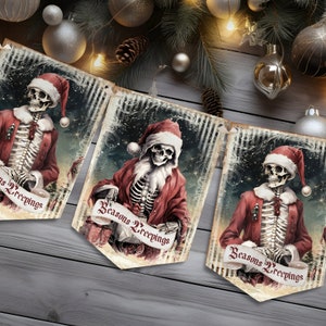 May include: A decorative banner featuring three pennants, each displaying a skeleton dressed in a red Santa suit and hat. Each pennant includes a white scroll banner with the text Seasons Creepings printed in a dark, stylized gothic font.