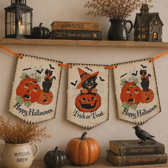 Vintage Halloween Bunting, Happy Halloween, Black Cat Halloween Decoration, Pumpkin Banner, Halloween Decor