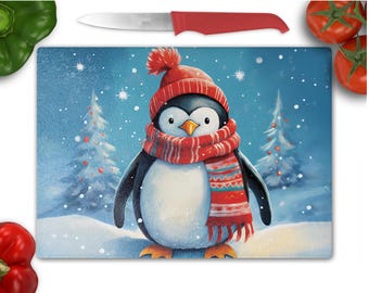 Winter Penguin Tempered Glass Cutting Board | Penguin Cutting Board | Christmas | Heat-Resistant Kitchen Decor