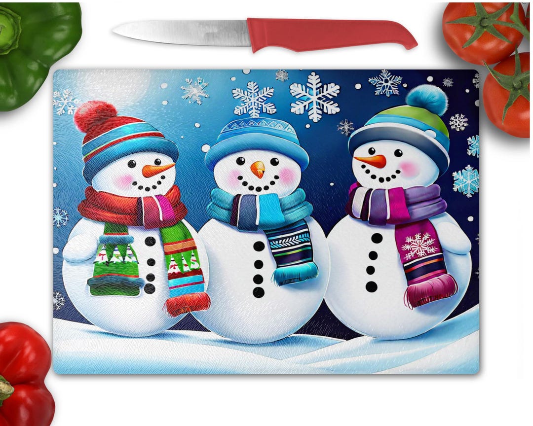 Snowmen Tempered Glass Cutting Board | Winter Cutting Board | Christmas ...